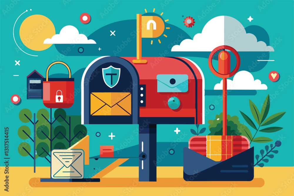 Poster a secure mailbox surrounded by envelopes and padlocks, emphasizing mail security in a bright, cheerf
