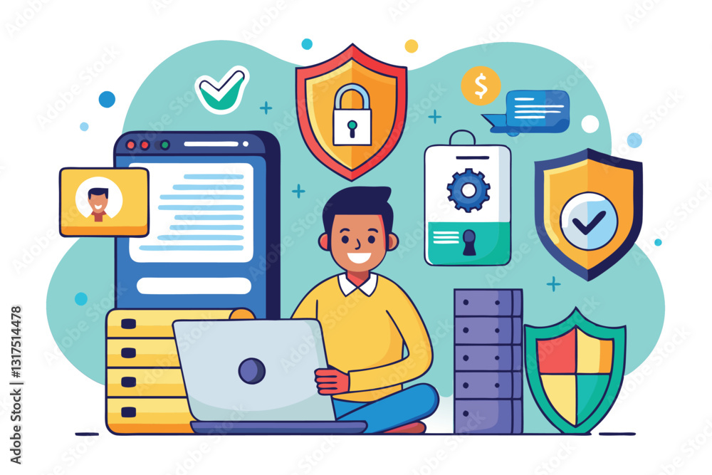 Poster a character engages with a laptop surrounded by digital security elements, representing data protect