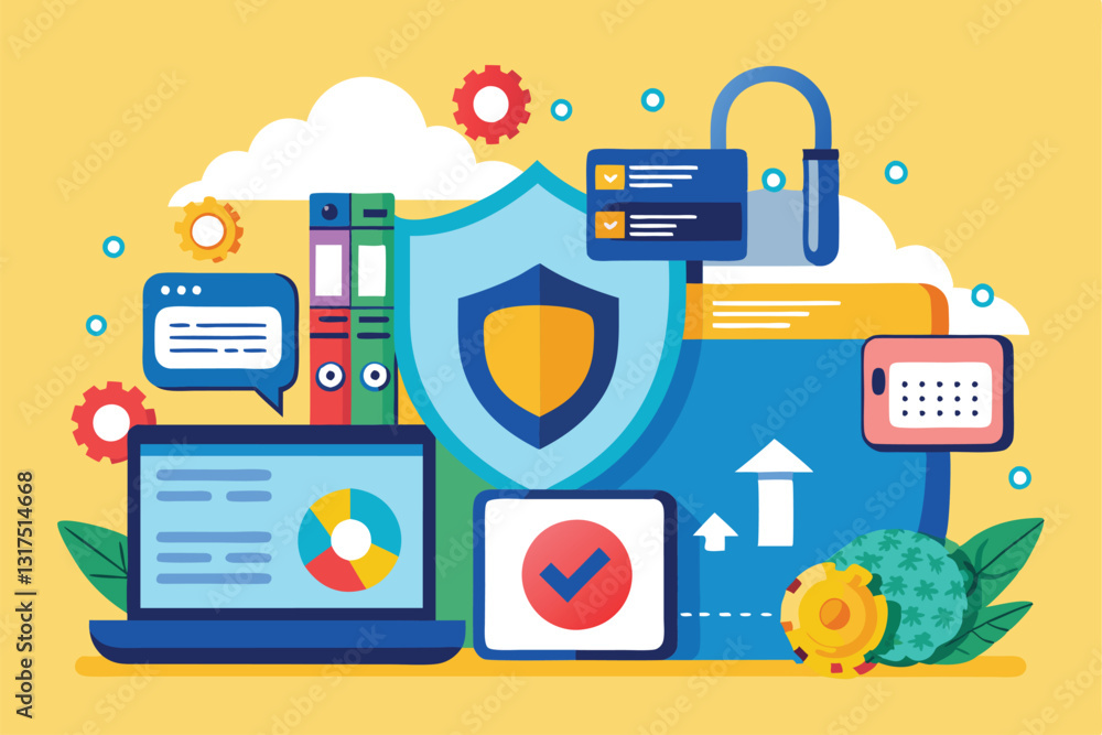 Aufkleber a flat design showcases various tools for secure data management, including files, graphs, and secur