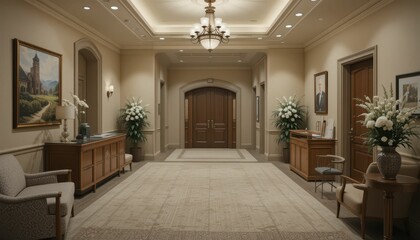 Elegant Lobby Entrance with Artwork and Floral Arrangements