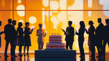 Grand open party people and cake vector illustration. People celebrate work corporate, standing near a big cake. Business event concept for events organizations