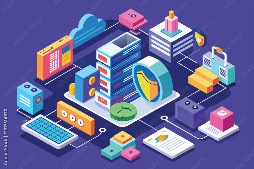  this graphic shows a customizable secure data environment with colorful isometric elements for data 