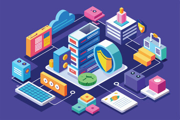 This graphic shows a customizable secure data environment with colorful isometric elements for data management, Secure data Customizable Isometric Illustration