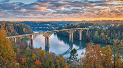 Autumnal Bridge Panorama: Scenic River Landscape at Sunset