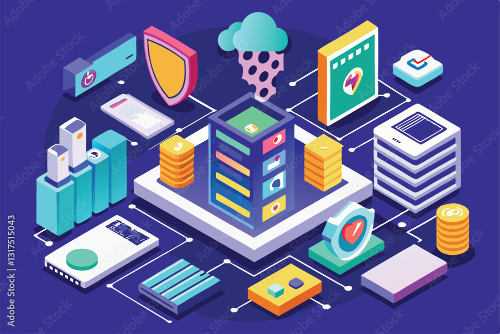 Poster this design showcases secure data management with customizable elements in an engaging isometric sty