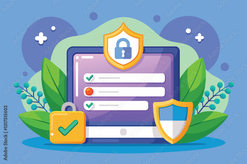 Poster a colorful cartoon of a secure login process on a computer with shields and a lock surrounded by gre