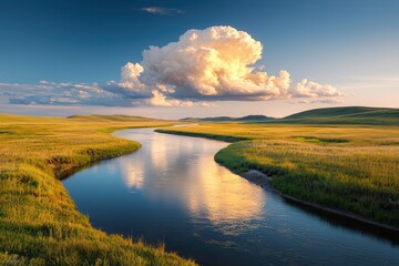 Fototapeta premium Golden clouds fluffy clouds reflections beauty. Serene landscape with a river reflecting clouds and vibrant fields.