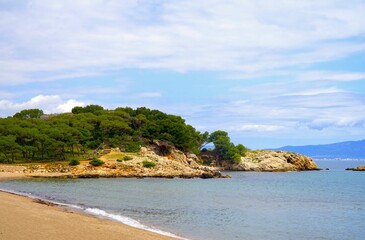 beach at the coastline between L'Escala and Sant Marti d'Empuries, Costa Brava, Catalonia, Girona,...