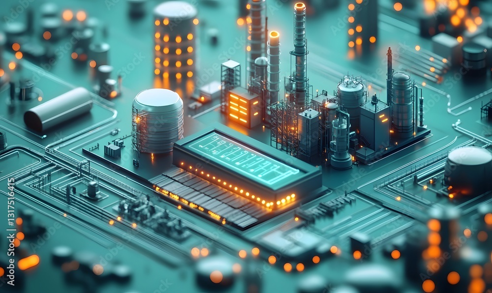 Poster miniature factory model on computer circuit board.