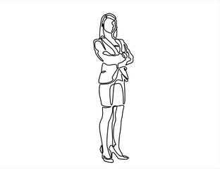 Continuous one line drawing of successful business woman with crossed arms, hand drawn style vector illustration	