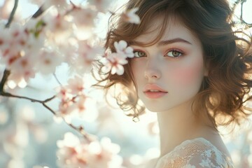 Fototapeta premium Spring mood, morning rays and fog. Commercial promotion graphic design idea. Gorgeous caucasian young woman surrounded by cherry blossoms. Woman surrounded by vivid spring blossoms.
