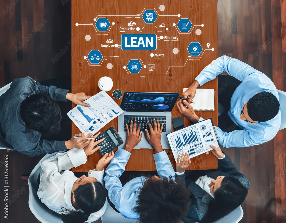Poster a diverse team collaborates over data analysis, discussing lean principles and efficiency strategies