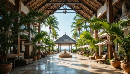 Fototapeta premium Serene Tropical Resort Lobby with Palms and Tranquil Ocean View
