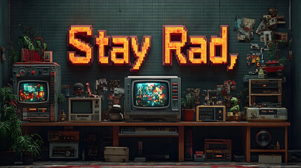 Fototapeta premium Vintage Tech Haven: Nostalgic scene with retro televisions displaying vibrant graphics, illuminated by a 