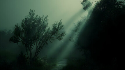 Fototapeta premium Sunbeams pierce misty forest path; tranquil nature scene, ideal for fantasy game backgrounds