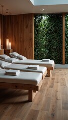 Peaceful spa massage room with cozy beds, wood paneling, and greenery