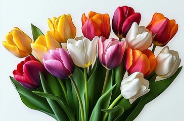 Obraz premium A close-up of a vibrant tulip bouquet, perfect for spring events, floral designs, and cheerful decorations for weddings, Easter, or Mother's Day.