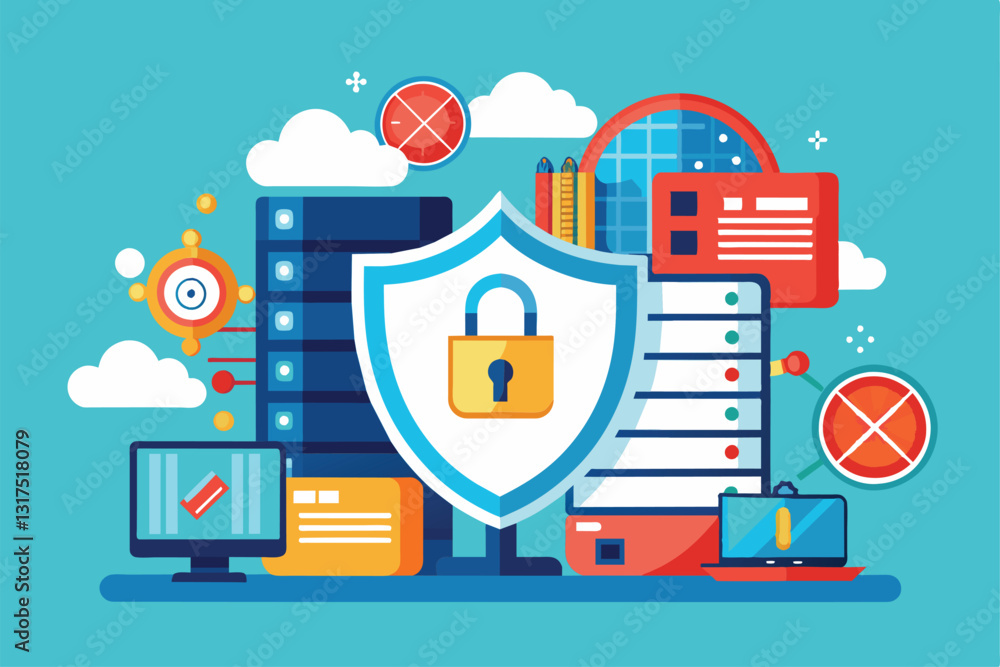 Poster a visualization of digital security measures focusing on protecting critical computer systems, secur