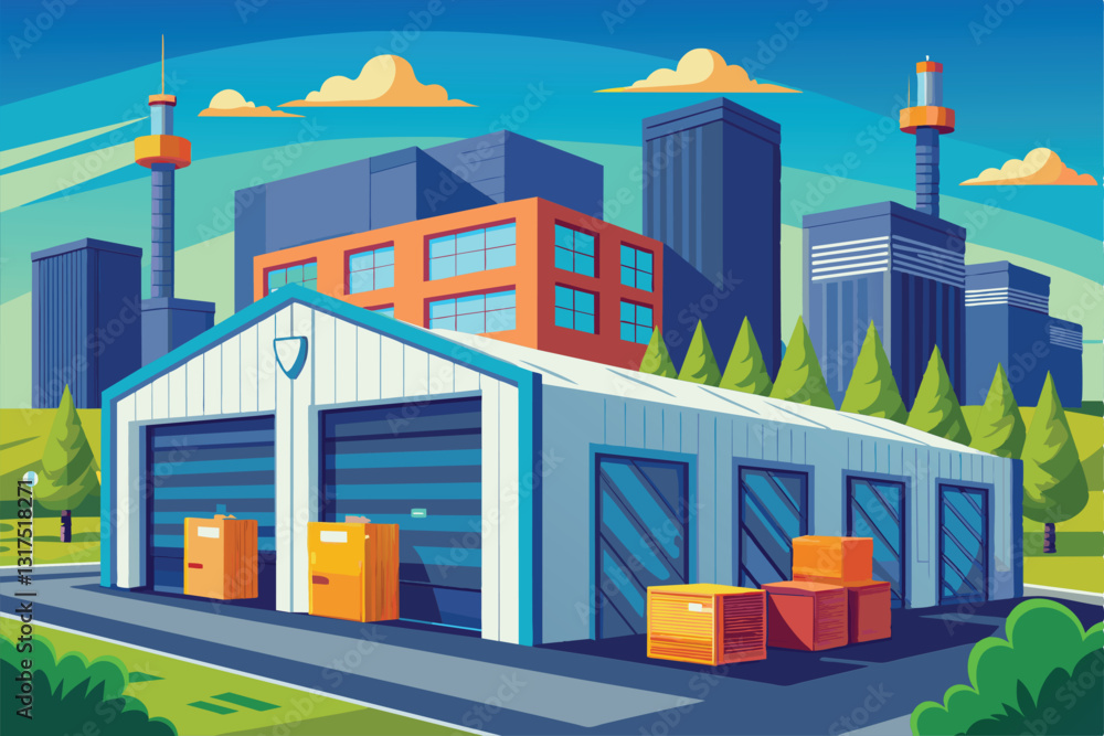 Poster modern storage units protected by security features are located in a busy urban landscape, security 