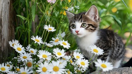 Kitten Exploring a Garden Surrounded by Bright White Flowers