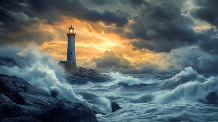 Lighthouse withstanding fierce storm waves during a dramatic sunset