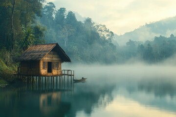 Fototapeta premium Serene Lakeside Cabin Nestled Amongst Misty Mountains