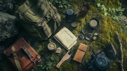 Crafting survival in the wilderness with essential tools laid on vibrant moss