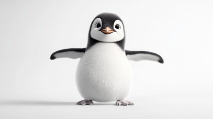 Obraz premium Adorable Cartoon Penguin with Outstretched Wings on White Background
