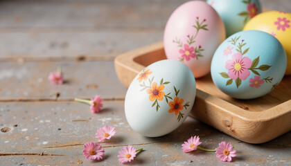 Obraz premium Spring Easter still life with hand-painted decorative eggs on rustic wooden table