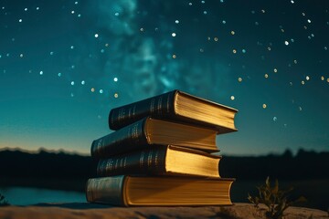 Stack of Old Books Under a Starry Night Sky