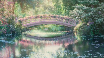 Beautiful Narrow Bridge Lined With Flowers Overstill Water