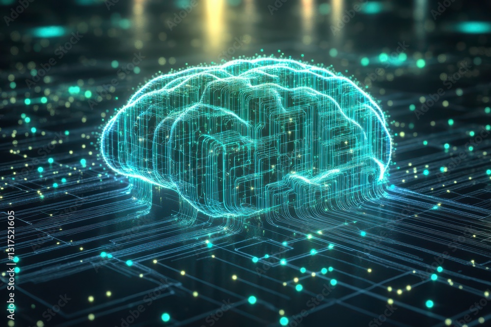 Poster digital brain circuit illustration. artificial intelligence, deep learning, machine learning, techno