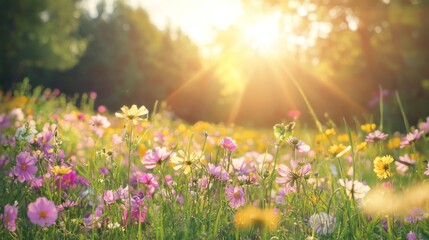 Spring Meadow Filled with Colorful Flowers in Gentle Sunshine