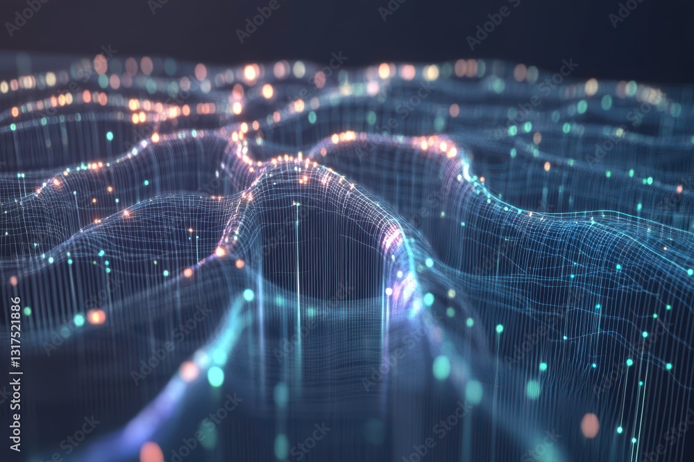 Aufkleber digital blue landscape visualization with glowing nodes. futuristic artificial intelligence data ana