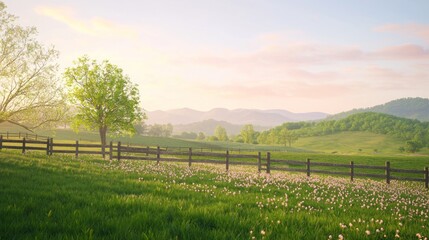 Naklejka premium Serene Farmland Landscape with Quirky Fences and Gentle Hills