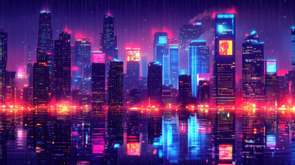 Neon lights reflect on the water in this vibrant, futuristic cyberpunk cityscape at night. Visuals for sci-fi-themed content