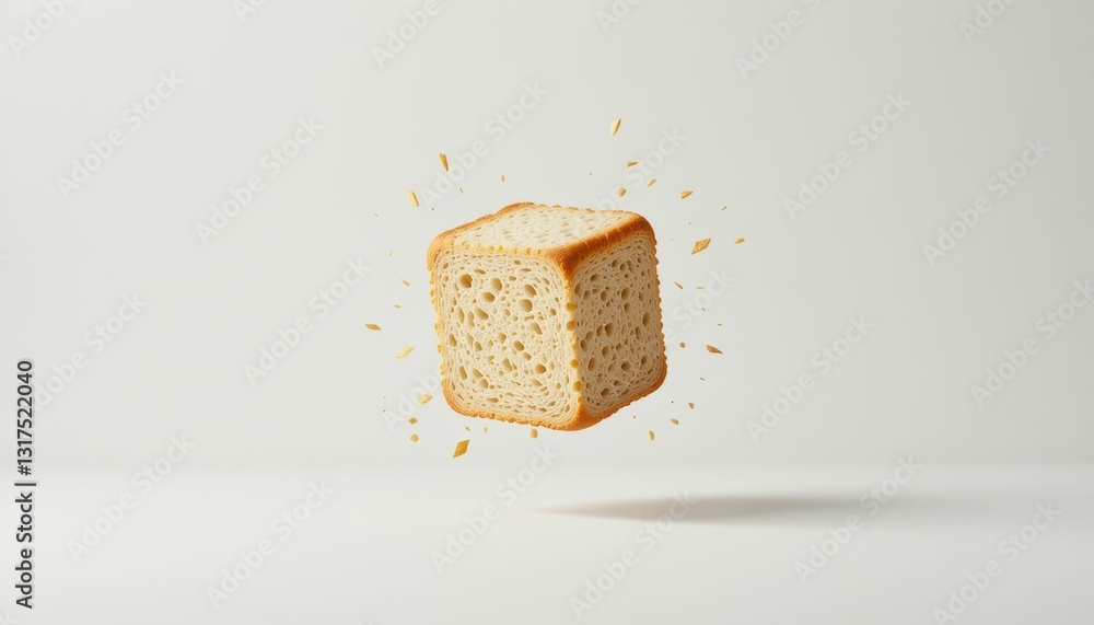 Poster floating bread slice on a minimalist background with sprinkles