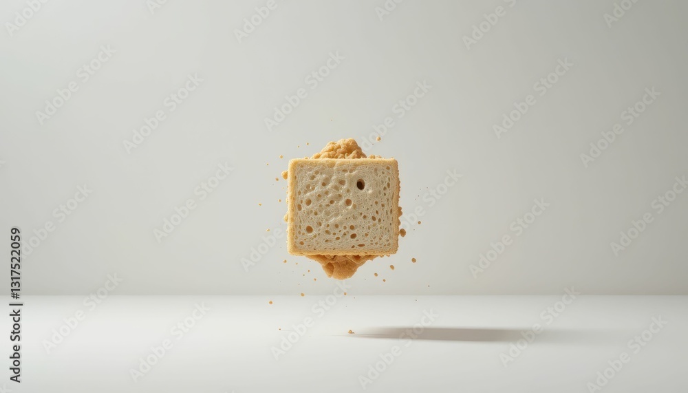 Poster floating slice of bread with crumbs in minimalistic setting