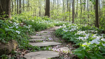 Serene Meandering Stone Path Through Lush Green Forest Flowers