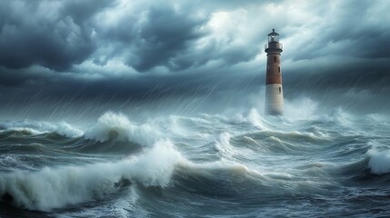 Lighthouse withstanding a fierce storm at sea, waves crashing against the rocks, dramatic sky, powerful nature, maritime scene