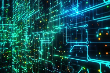 Fototapeta premium Digital technology network connection. Computer microchip, big data transmission, processing information. Abstract tech circuit board electronic signal for technology background