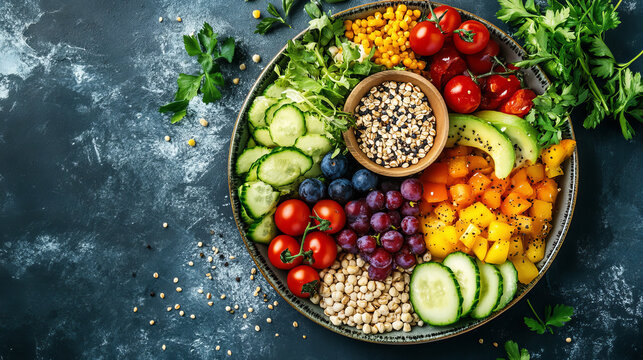 Healthy eating plate vector illustration. Labeled educational food example scheme with vegetables, whole grains, fruit and protein as needed nutrition elements and ingredients. Diet product collection