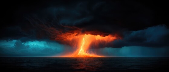 Dramatic Lightning Storm Over Ocean: Surreal Thunderstorm Photography with Fiery Glow