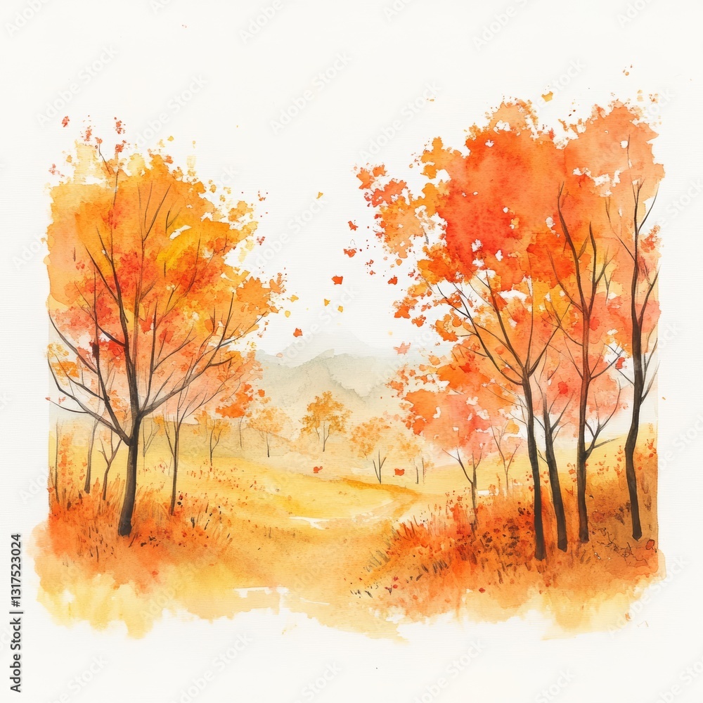 Poster autumnal landscape with trees and a path in the distance