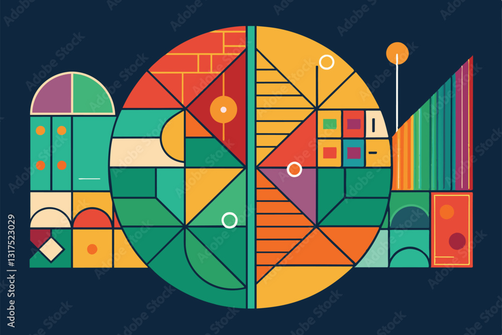 Poster a vibrant display of abstract shapes and colors featuring disproportionate segments, showcasing crea