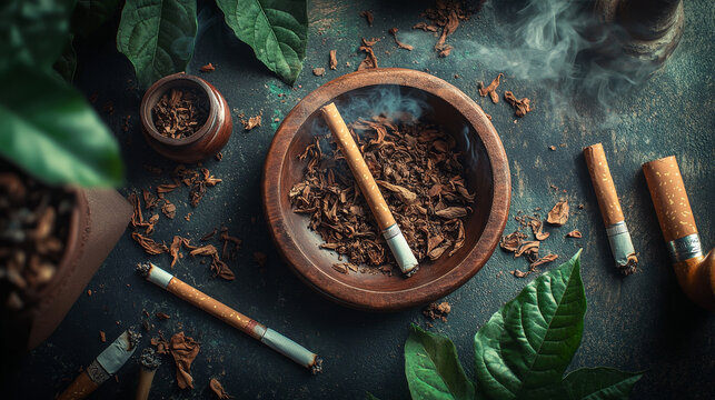 Cigarette vector smoking tobacco with nicotine and cigarette-end in ashtray illustration set of cigar-case or hookah and tobacco leaves isolated on white background