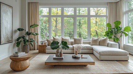 Fototapeta premium Bright, airy living room with large window and nature view