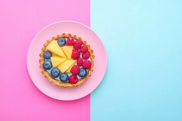 A Colorful Fruit Tart on a Pink Plate