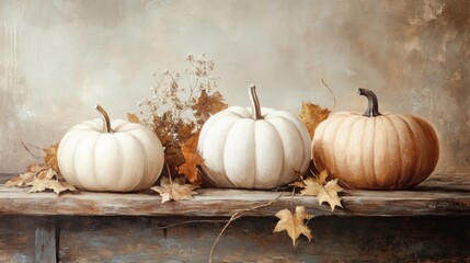 Autumnal Still Life: Three Pumpkins and Dried Leaves on a Wooden Bench