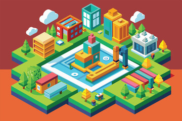A vibrant urban landscape showcases customizable segmentation with various buildings and greenery, Segmentation Customizable Isometric Illustration